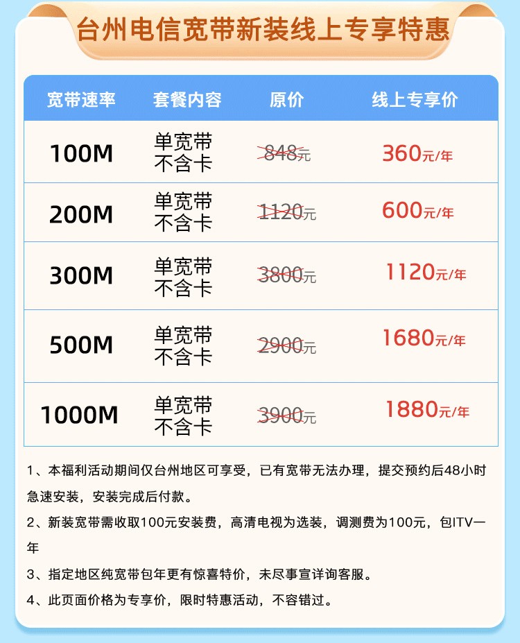 台州电信宽带套餐价格表-电信宽带安装办理流程