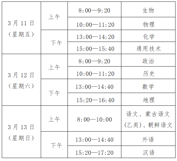 2022年3月吉林普通高中学业水平考试时间