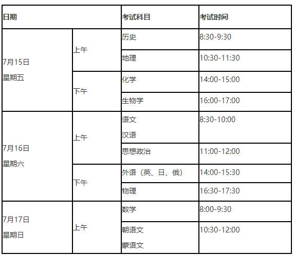 2022年7月辽宁普通高中学业水平合格性考试时间：