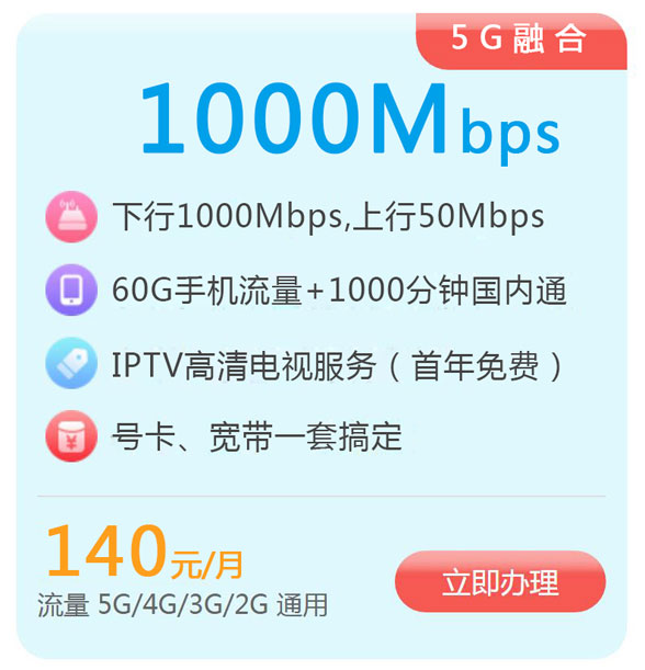 【广州联通5G】139元/月 1000M光纤宽带
