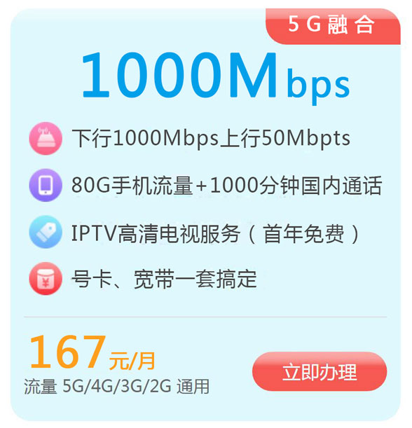 【广州联通5G】167元/月 1000M光纤宽带