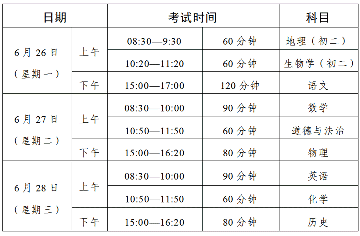 广东2023年初中学业水平考试时间