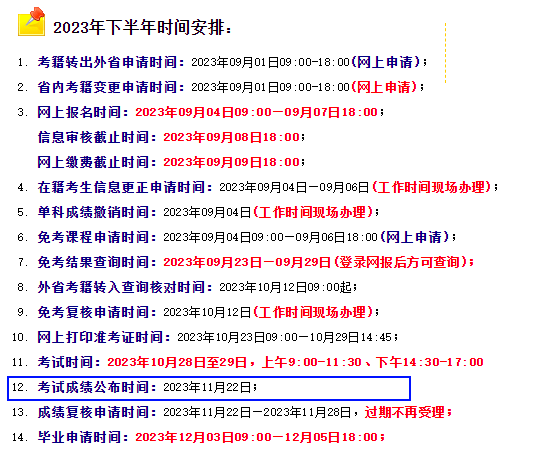 2023年下半年河南自考成绩查询时间：11月22日