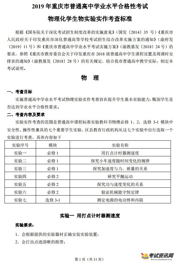 2019年重庆市普通高中学业水平合格性考试物理化学生物实验实作考查标准