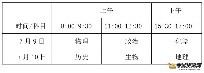 海南省2020年普通高考和普通高中学业水平选择性考试科目时间