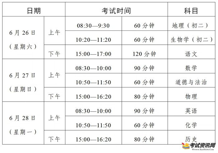 广东省2021年初中学业水平考试时间